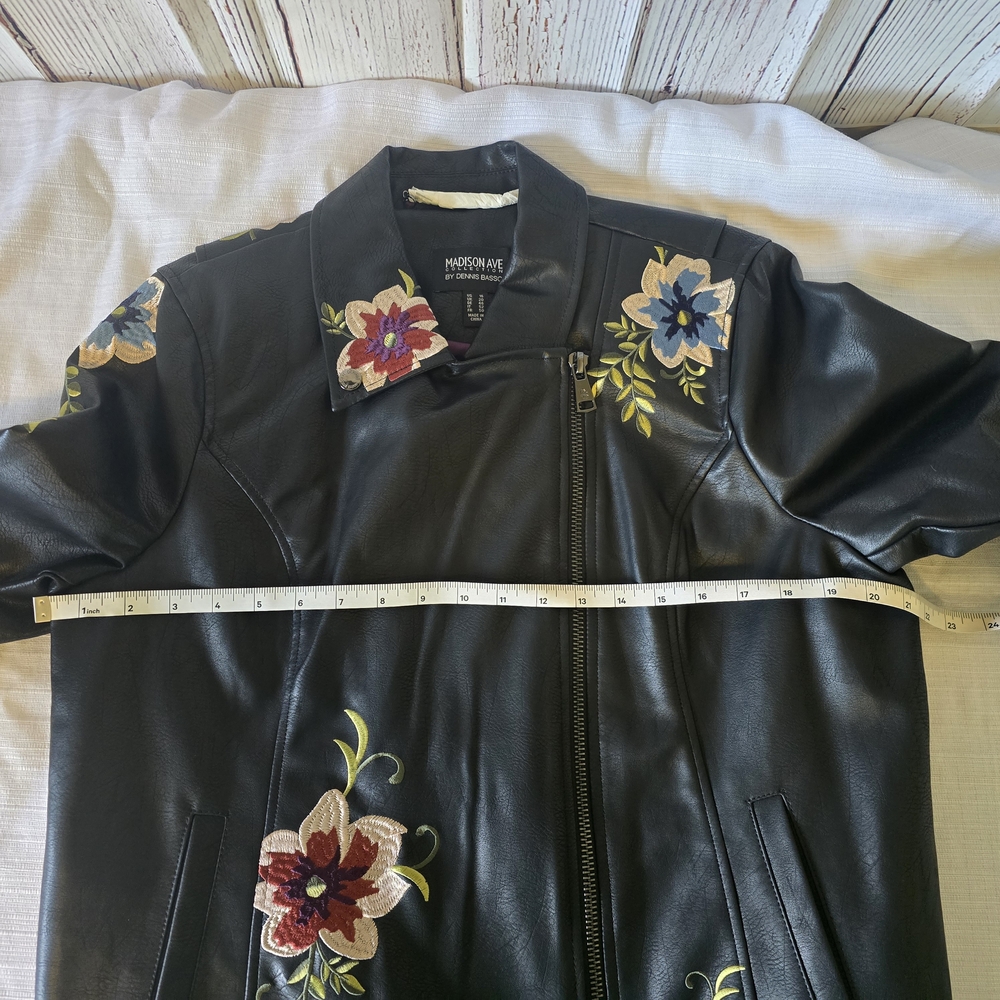 New Dennis Basso Madison Ave Embroider Floral Black Faux Leather Moto Jacket XL - Picture 12 of 14